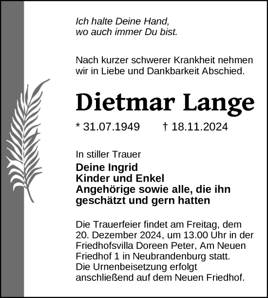 Traueranzeige von Dietmar Lange von Nordkurier Neubrandenburger Zeitung