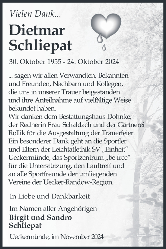 Traueranzeige von Dietmar Schliepat von Nordkurier Haff-Zeitung