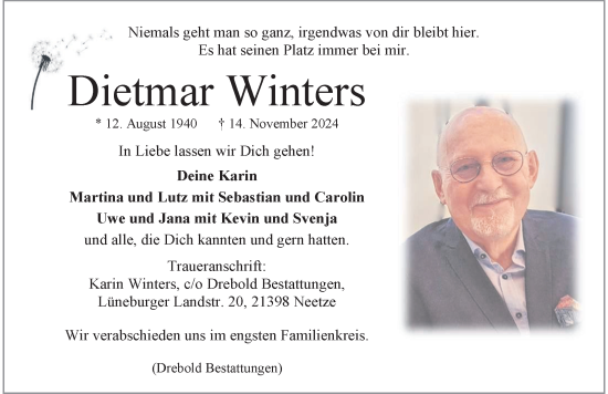 Traueranzeige von Dietmar Winters von Der Prignitzer