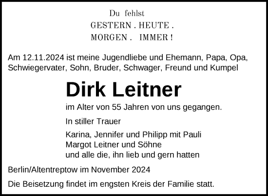 Traueranzeige von Dirk Leitner von Nordkurier Neubrandenburger Zeitung