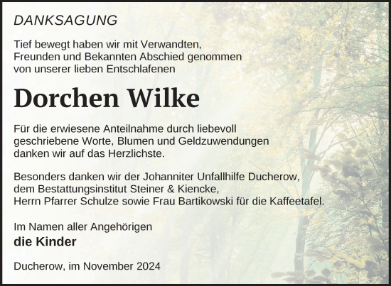 Traueranzeige von Dorchen Wilke von Nordkurier Vorpommern Kurier