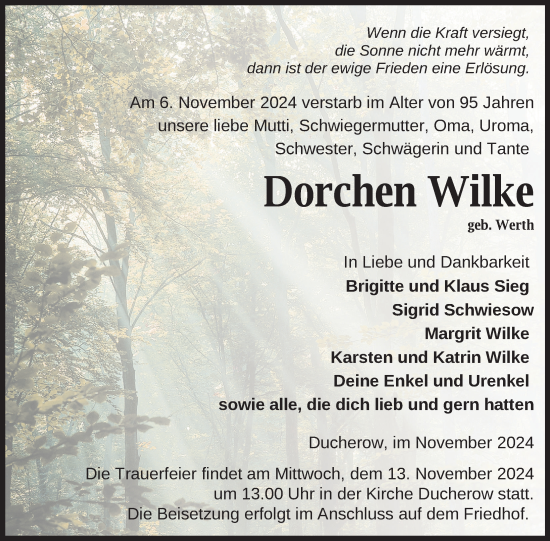 Traueranzeige von Dorchen Wilke von Nordkurier Vorpommern Kurier