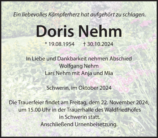 Traueranzeige von Doris Nehm von Zeitung für die Landeshauptstadt