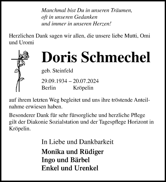 Traueranzeige von Doris Schmechel von Norddeutsche Neueste Nachrichten