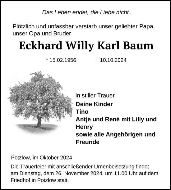 Traueranzeige von Eckhard Willy Karl Baum von Uckermark Kurier Prenzlauer Zeitung