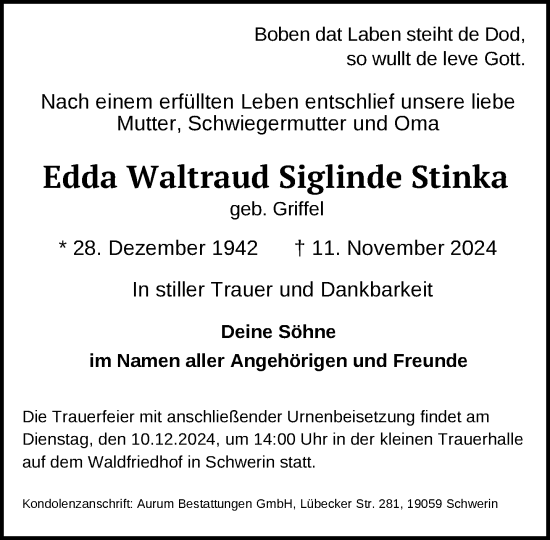 Traueranzeige von Edda Waltraud Siglinde Stinka von Zeitung für die Landeshauptstadt