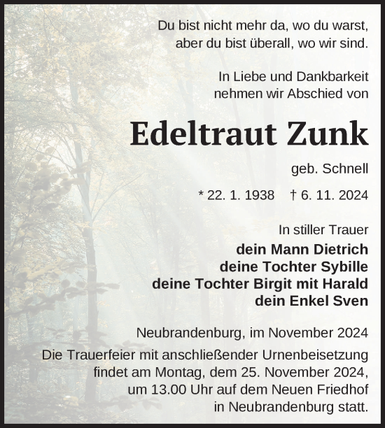 Traueranzeige von Edeltraut Zunk von Nordkurier Neubrandenburger Zeitung