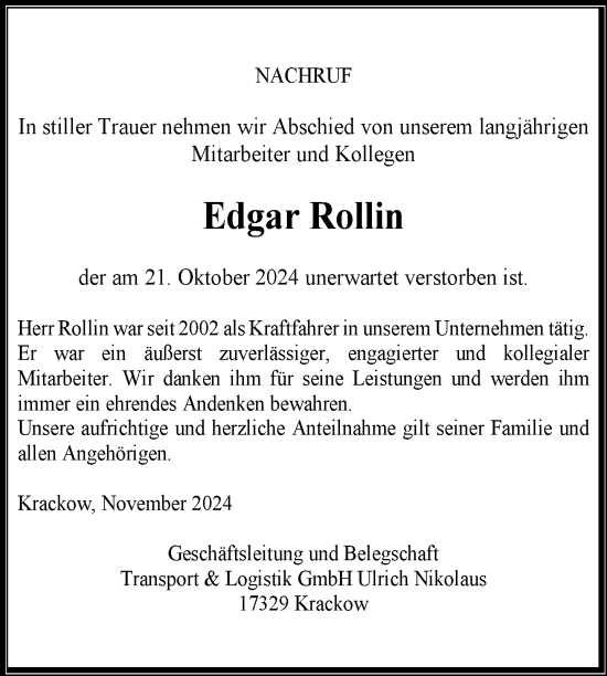 Traueranzeige von Edgar Rollin von Nordkurier Pasewalker Zeitung