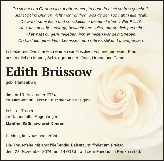 Traueranzeige von Edith Brüssow von Nordkurier Pasewalker Zeitung