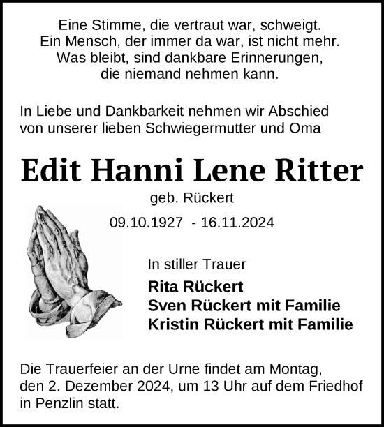 Traueranzeige von Edit Hanni Lene Ritter von Nordkurier Neubrandenburger Zeitung