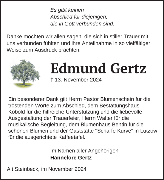 Traueranzeige von Edmund Gertz von Gadebusch - Rehnaer Zeitung