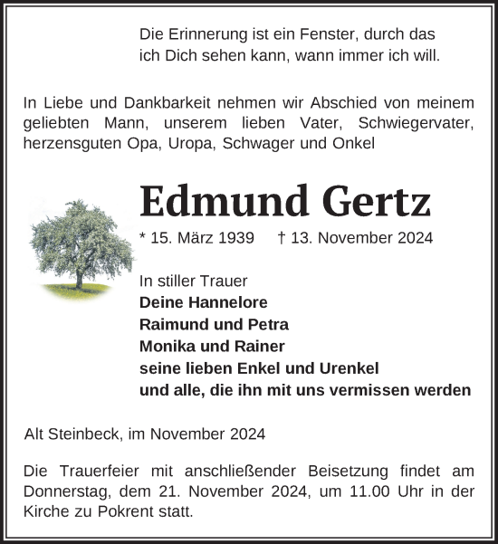 Traueranzeige von Edmund Gertz von Gadebusch - Rehnaer Zeitung