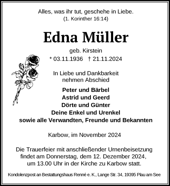 Traueranzeige von Edna Müller von Parchim und Lübz