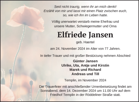 Traueranzeige von Elfriede Jansen von Uckermark Kurier Templiner Zeitung