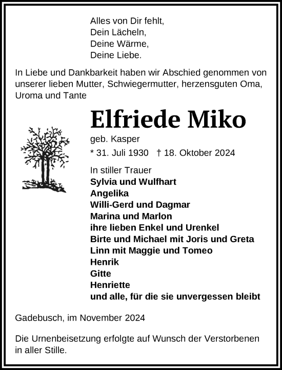 Traueranzeige von Elfriede Miko von Gadebusch - Rehnaer Zeitung