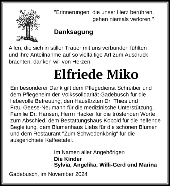 Traueranzeige von Elfriede Miko von Gadebusch - Rehnaer Zeitung