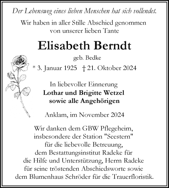 Traueranzeige von Elisabeth Berndt von Nordkurier Vorpommern Kurier