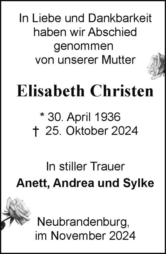 Traueranzeige von Elisabeth Christen von Nordkurier Neubrandenburger Zeitung