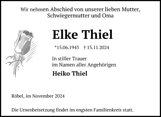 Traueranzeige von Elke Thiel von Nordkurier Müritz-Zeitung