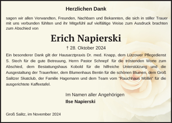 Traueranzeige von Erich Napierski von Gadebusch - Rehnaer Zeitung