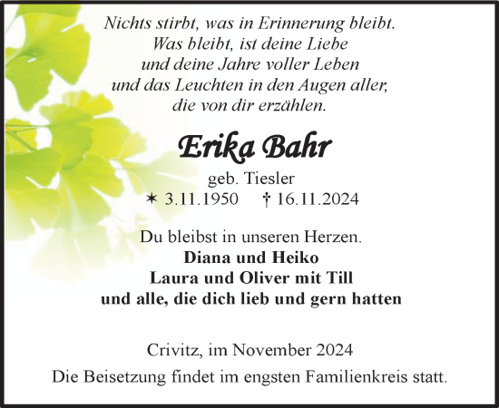 Traueranzeige von Erika Bahr von Zeitung für die Landeshauptstadt