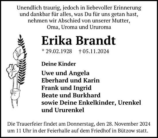 Traueranzeige von Erika Brandt von Güstrow und Bützow