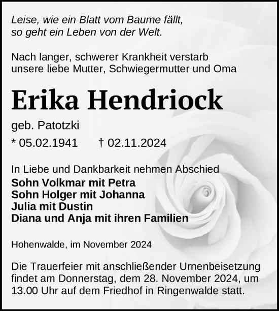 Traueranzeige von Erika Hendriock von Uckermark Kurier Templiner Zeitung