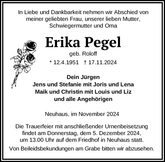 Traueranzeige von Erika Pegel von Hagenower Kreisblatt