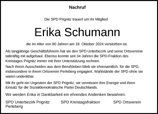 Traueranzeige von Erika Schumann 