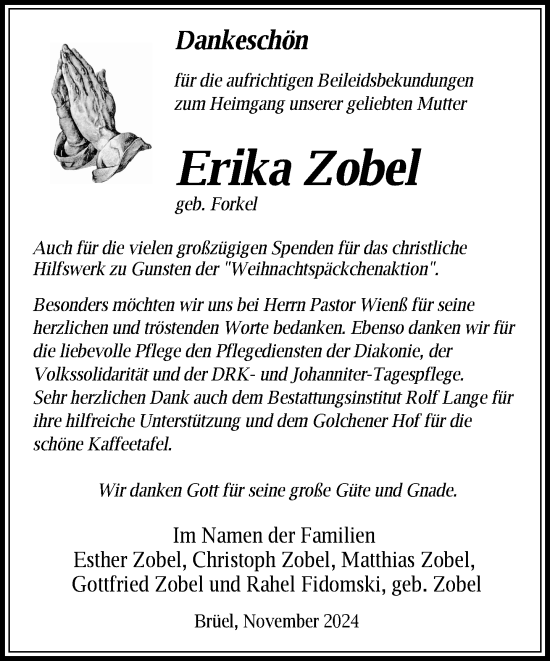 Traueranzeige von Erika Zobel von Anzeiger für Sternberg - Brüel - Warin