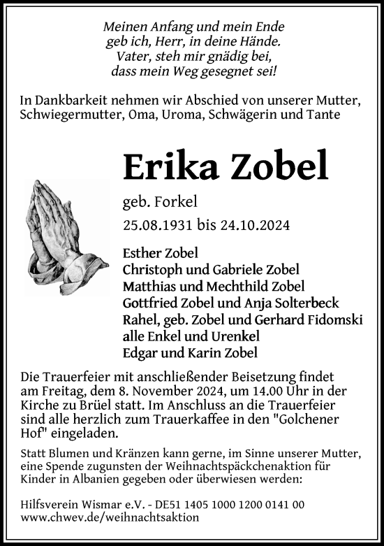 Traueranzeige von Erika Zobel von Anzeiger für Sternberg - Brüel - Warin