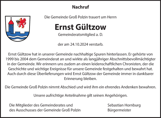 Traueranzeige von Ernst Gültzow von Nordkurier Vorpommern Kurier