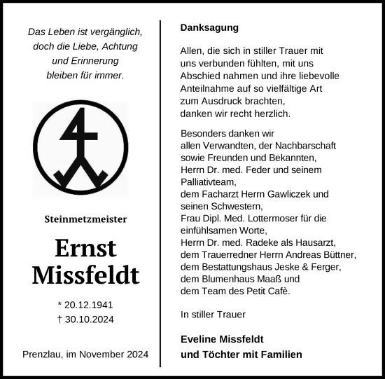 Traueranzeige von Ernst Missfeldt von Uckermark Kurier Prenzlauer Zeitung