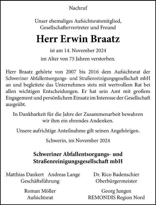 Traueranzeige von Erwin Braatz von Zeitung für die Landeshauptstadt