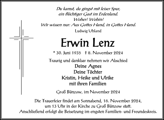 Traueranzeige von Erwin Lenz von Nordkurier Vorpommern Kurier