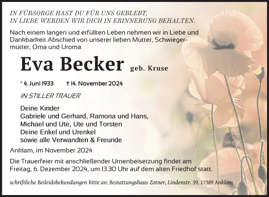 Traueranzeige von Eva Becker von Nordkurier Vorpommern Kurier