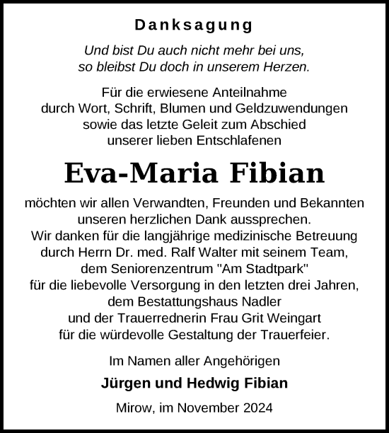 Traueranzeige von Eva-Maria Fibian von Nordkurier Strelitzer Zeitung