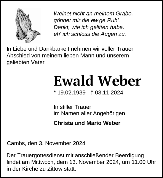 Traueranzeige von Ewald Weber von Zeitung für die Landeshauptstadt