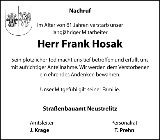 Traueranzeige von Frank Hosak von Nordkurier Gesamtausgabe