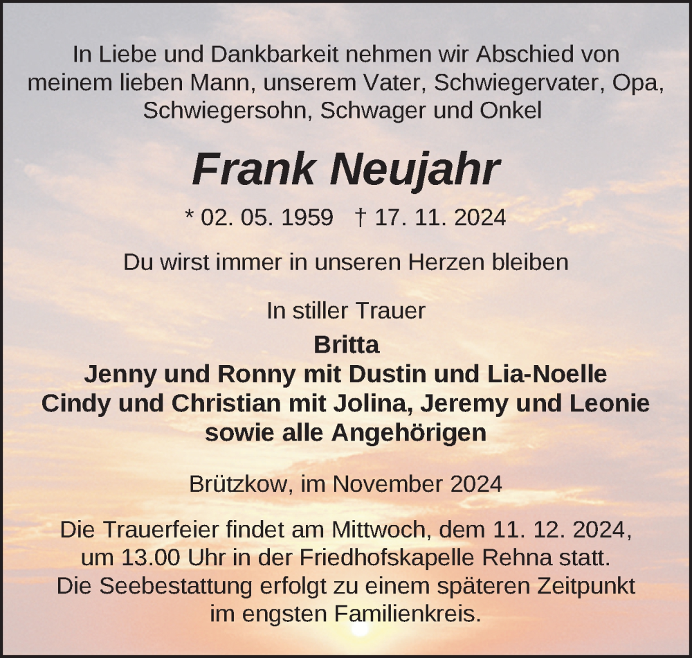  Traueranzeige für Frank Neujahr vom 30.11.2024 aus Gadebusch - Rehnaer Zeitung