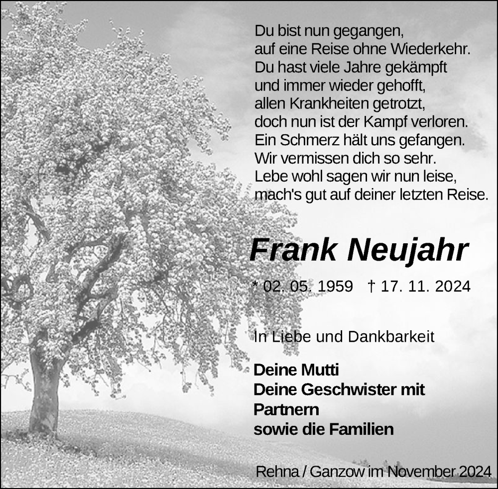  Traueranzeige für Frank Neujahr vom 30.11.2024 aus Gadebusch - Rehnaer Zeitung