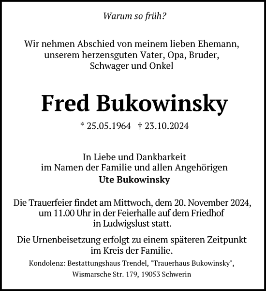 Traueranzeige von Fred Bukowinsky von Zeitung für die Landeshauptstadt