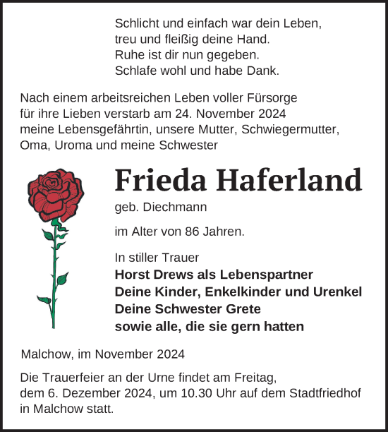 Traueranzeige von Frieda Haferland von Nordkurier Müritz-Zeitung