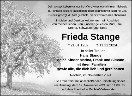 Traueranzeige von Frieda Stange von Nordkurier Müritz-Zeitung