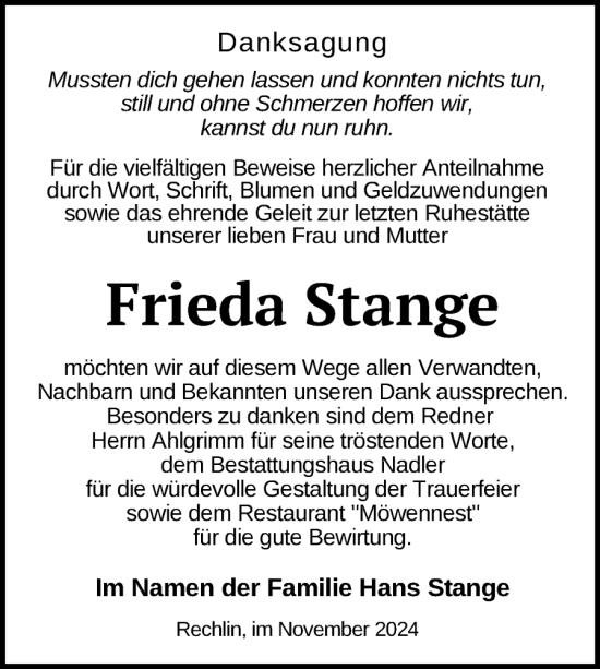 Traueranzeige von Frieda Stange von Nordkurier Müritz-Zeitung