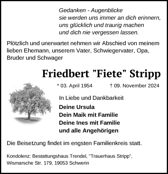 Traueranzeige von Friedbert Stripp von Zeitung für die Landeshauptstadt