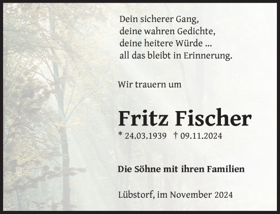 Traueranzeige von Fritz Fischer von Zeitung für die Landeshauptstadt