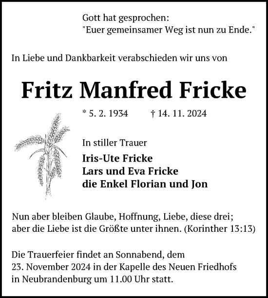 Traueranzeige von Fritz Manfred Fricke von Nordkurier Neubrandenburger Zeitung