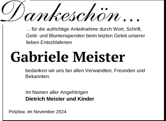 Traueranzeige von Gabriele Meister von Uckermark Kurier Prenzlauer Zeitung