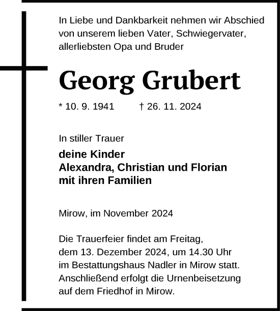 Traueranzeige von Georg Grubert von Nordkurier Strelitzer Zeitung